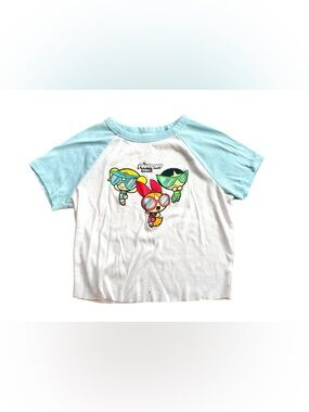 Cartoon Network The Powerpuff Girls Top T Shirt Large White Blue Crop Graphic